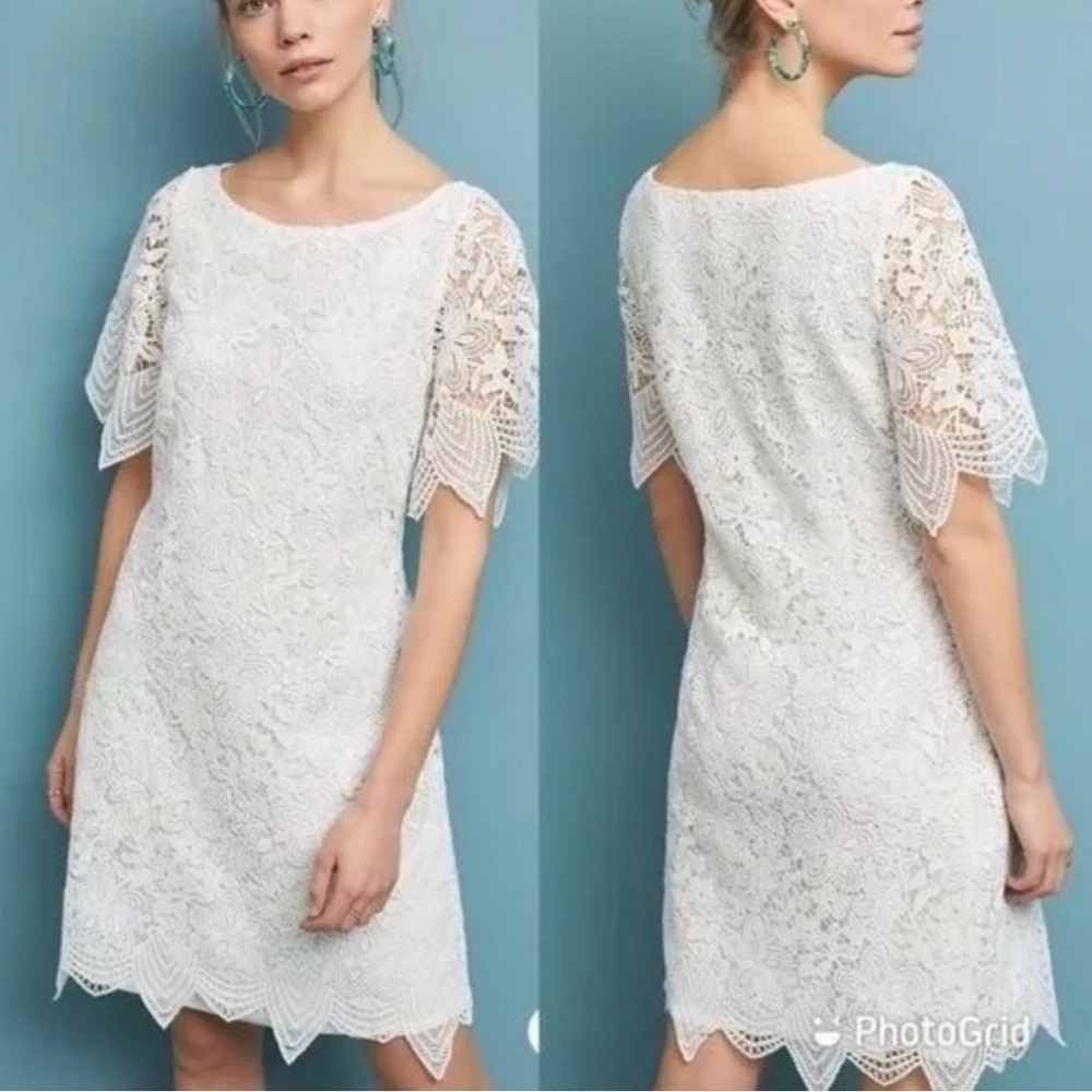 Anthropologie White Charleston Lace Scallop Hem Dress Size 6 Feminine Fairy Boho